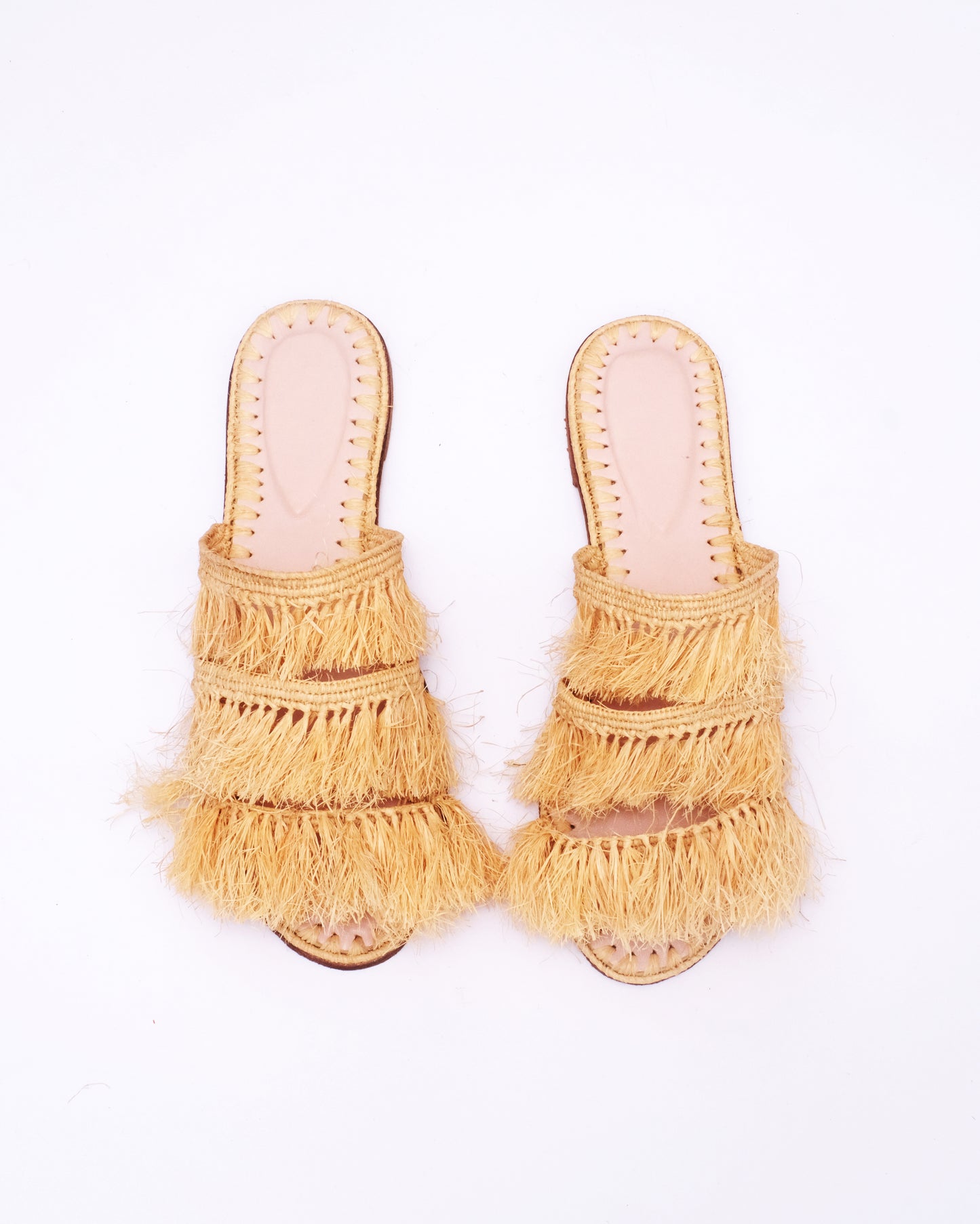 Double Strap Raffia Fringe Slides – Handmade in Natural Fiber, Morocco
