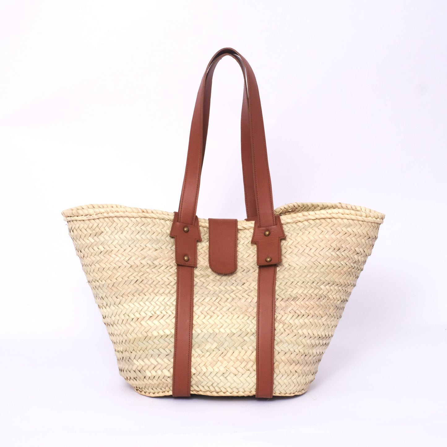 Structured Moroccan straw tote bag with double leather straps and decorative flap