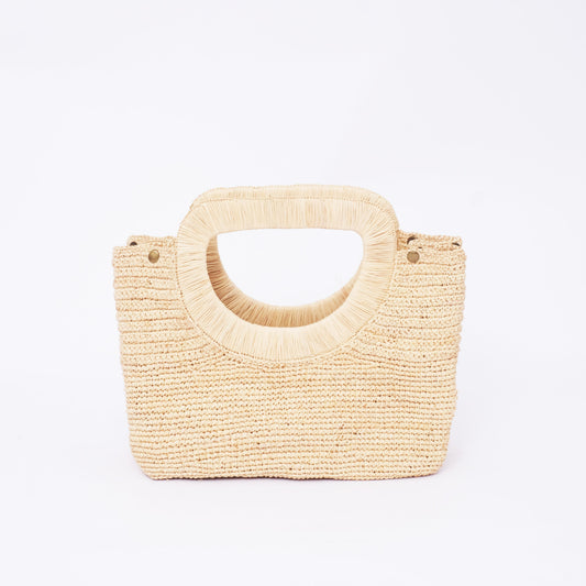 Natural raffia handbag with round woven handles and structured body