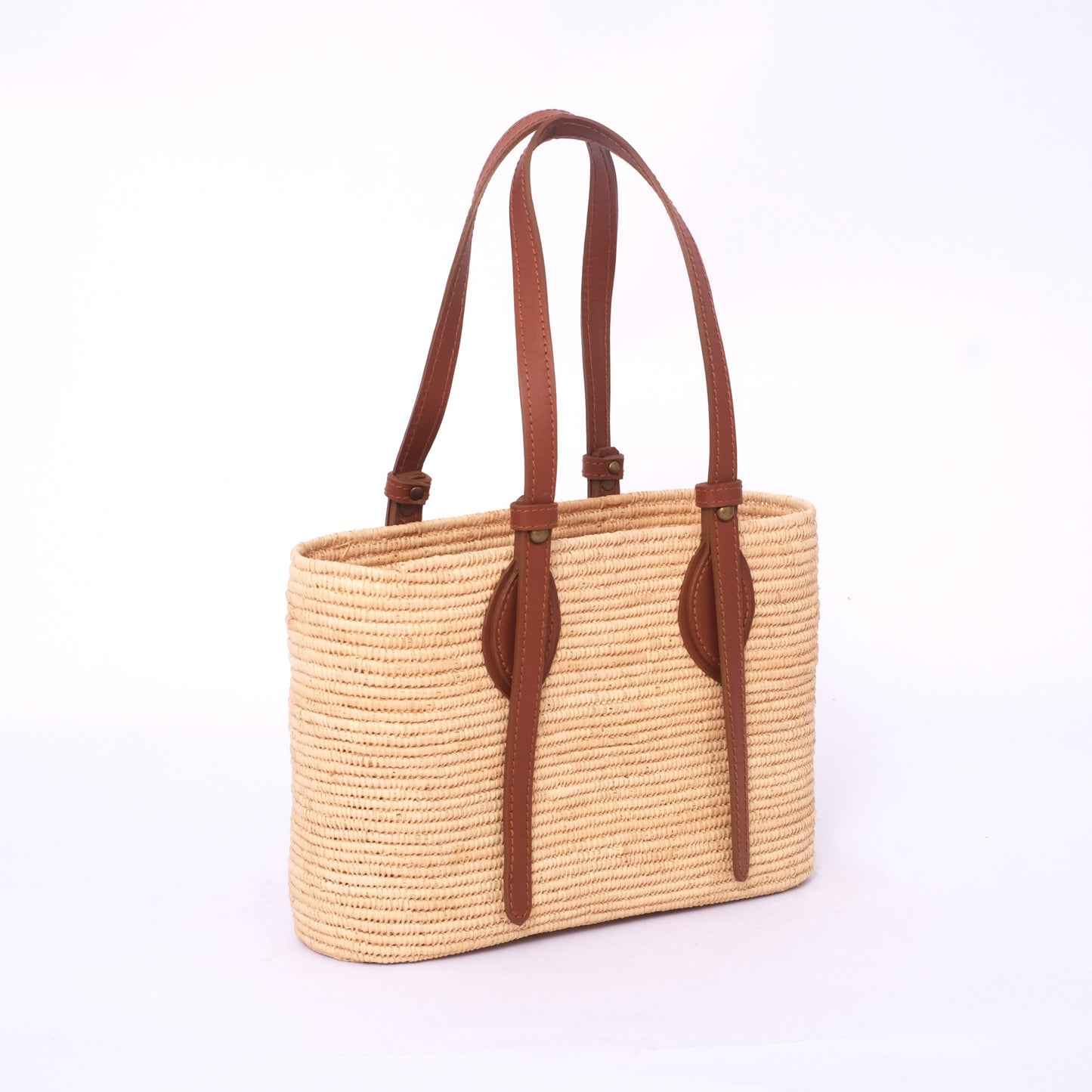 Classic raffia tote bag with long brown adjustable leather shoulder straps