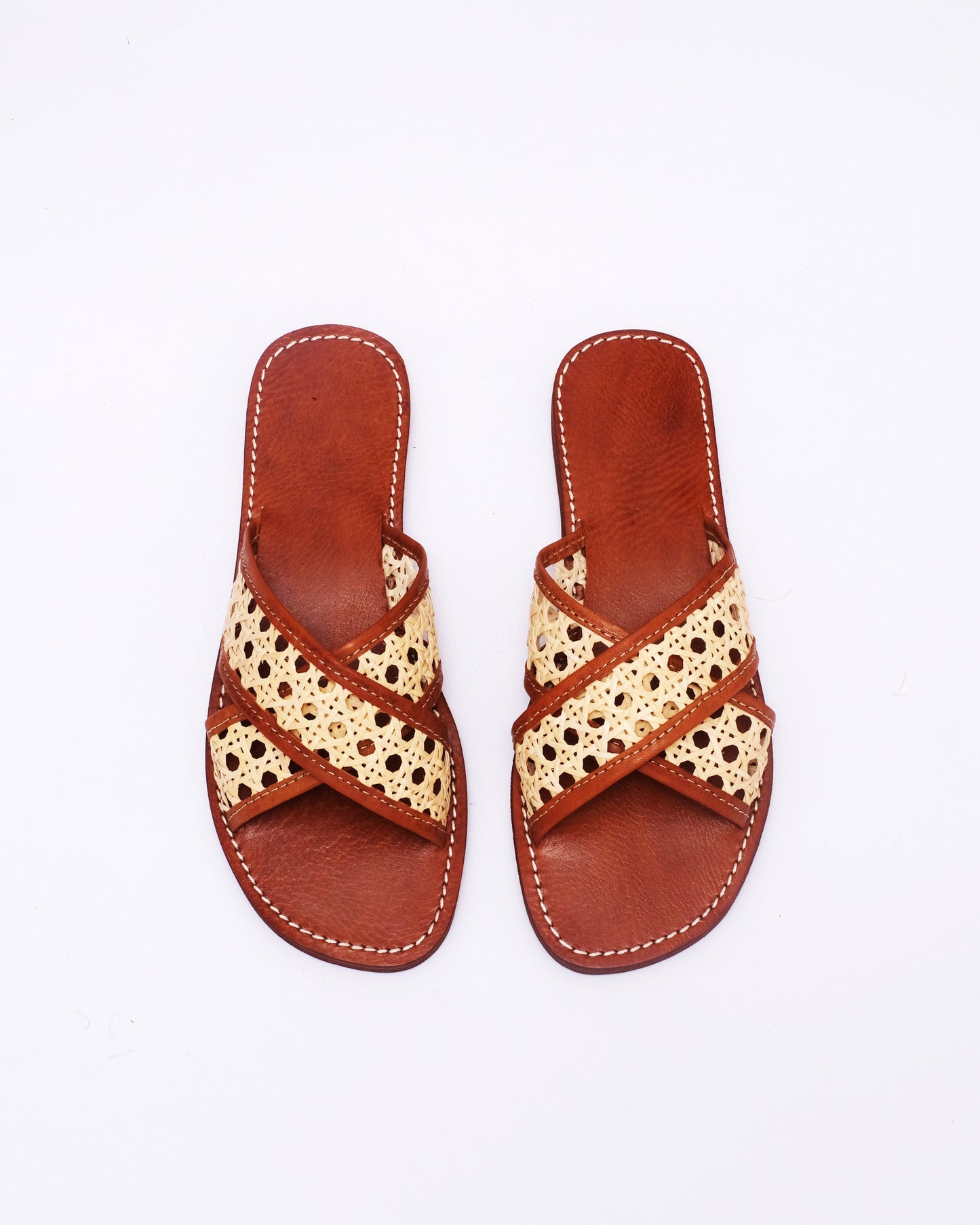 Women’s Leather & Cane Slides – Handmade Criss-Cross Sandals