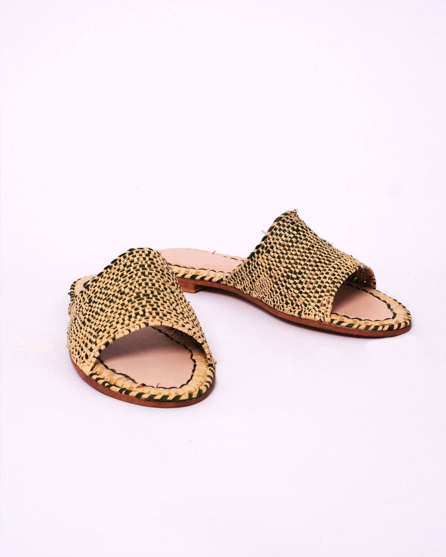 Black & Natural Woven Raffia Slides – Handmade Moroccan Flat Sandals