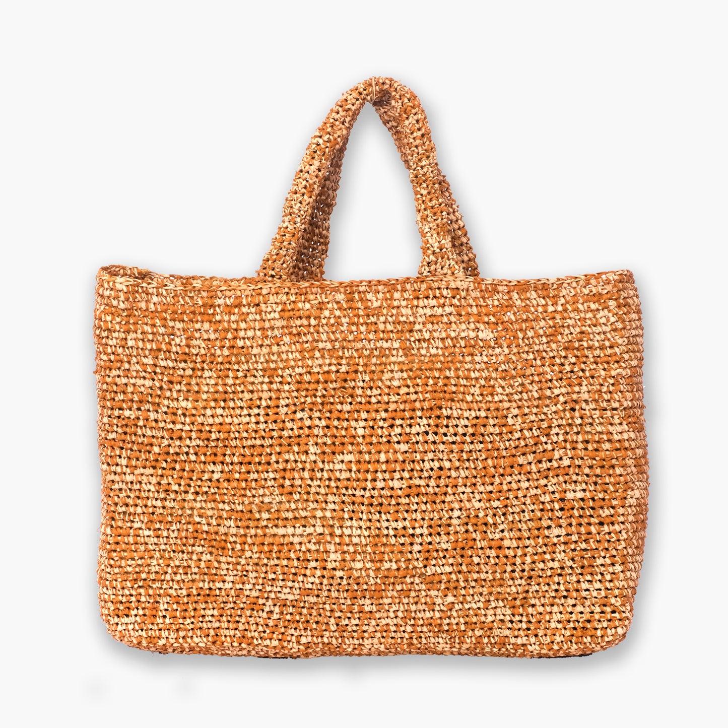 Minimal square raffia tote bag with short top handles, handwoven from natural straw