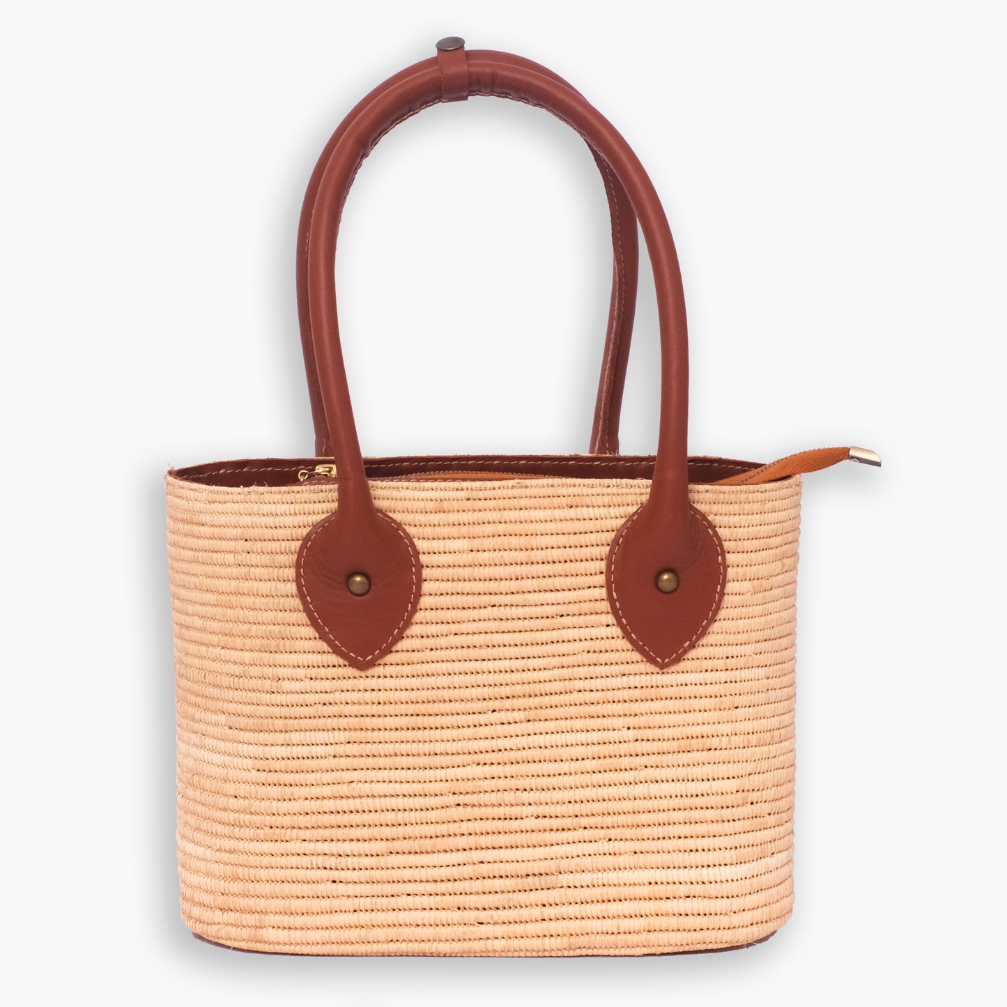 Natural raffia handbag with brown stitched leather handles and zipper closure