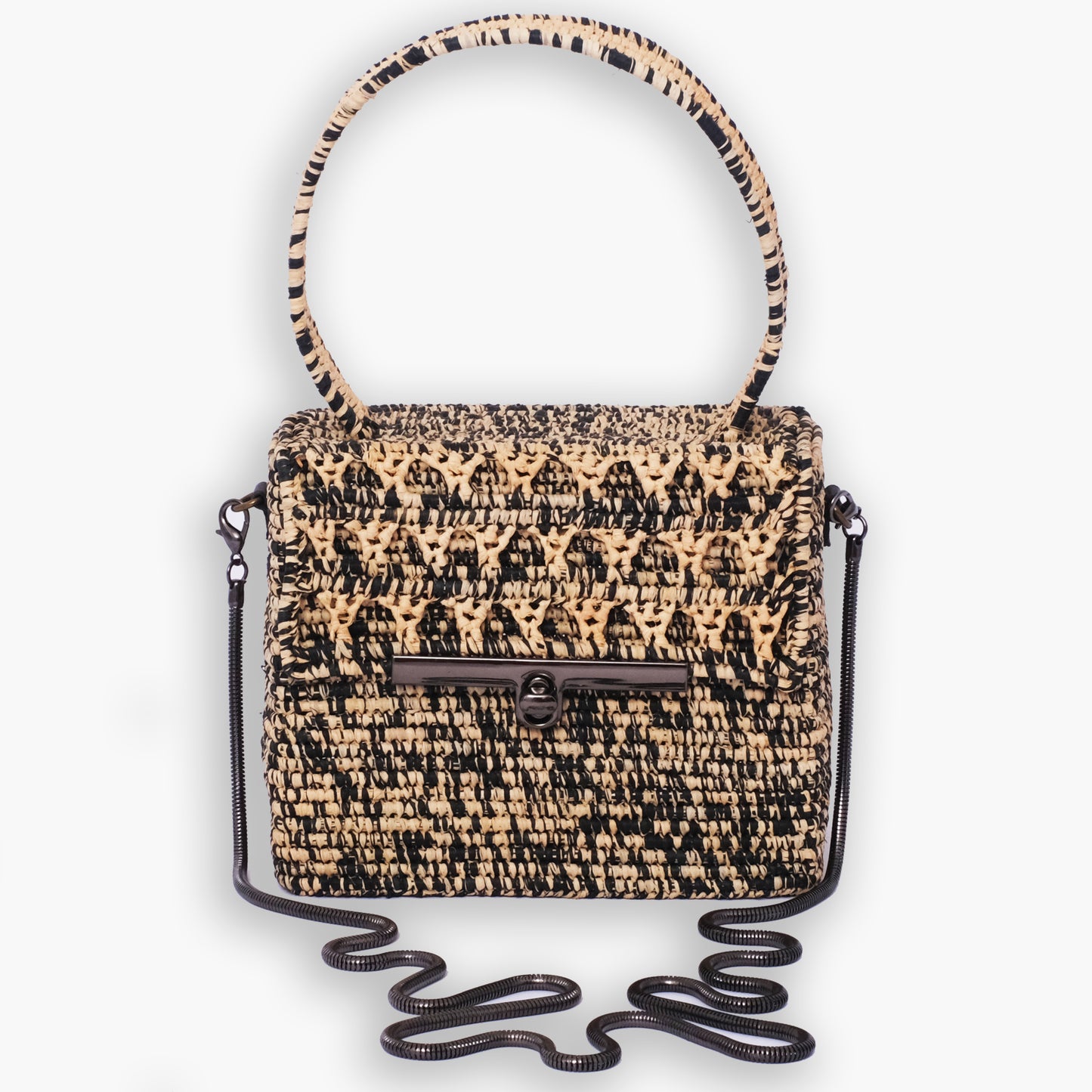 Structured black and natural raffia box bag with top handle and black metal chain strap