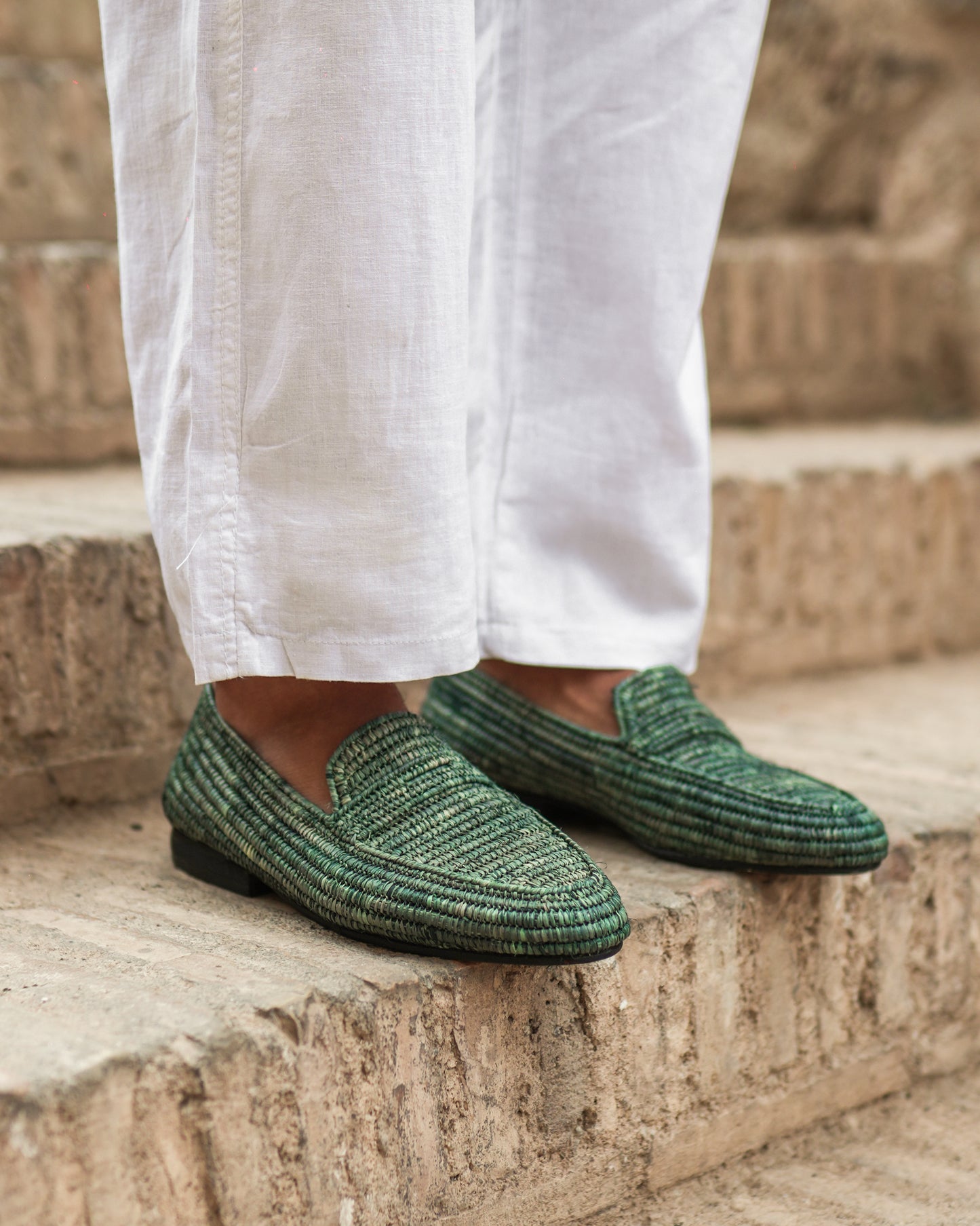 Forest Green Raffia Loafers for Men – Handwoven Moroccan Slip-On Shoes