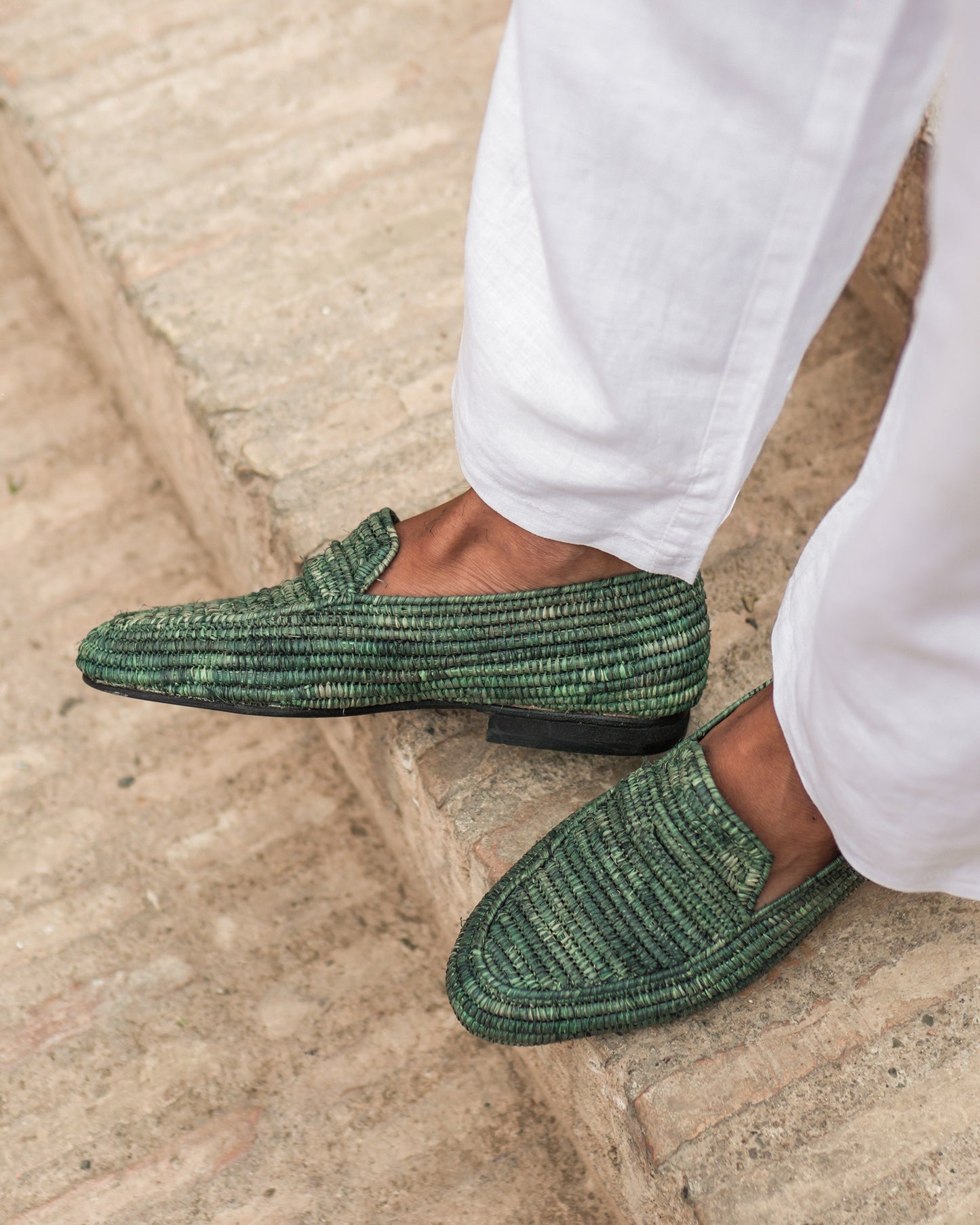 Forest Green Raffia Loafers for Men – Handwoven Moroccan Slip-On Shoes