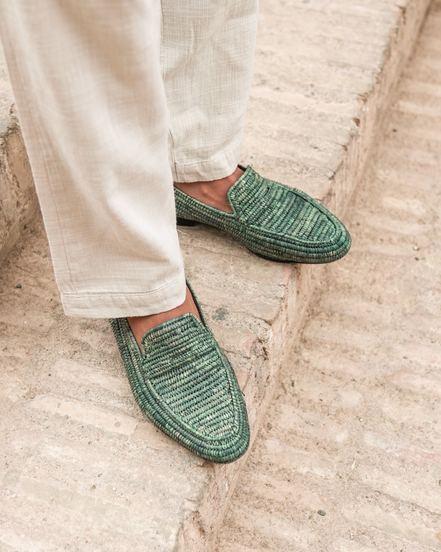 Forest Green Raffia Loafers for Men – Handwoven Moroccan Slip-On Shoes