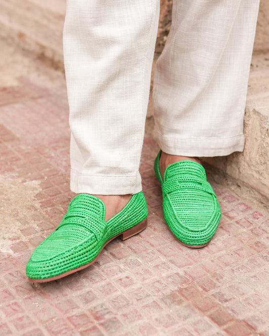 Green Handwoven Raffia Loafers for Men – Moroccan Artisan Dress Slip-Ons