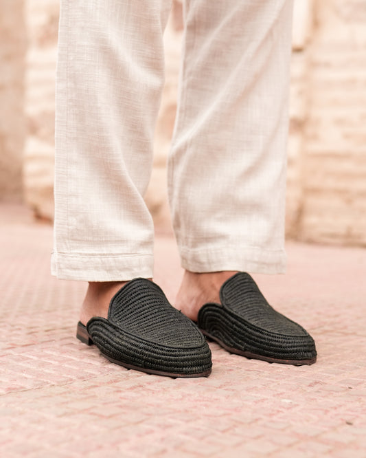 Handwoven Raffia Mules for Men – Black Moroccan Slip-On Loafers
