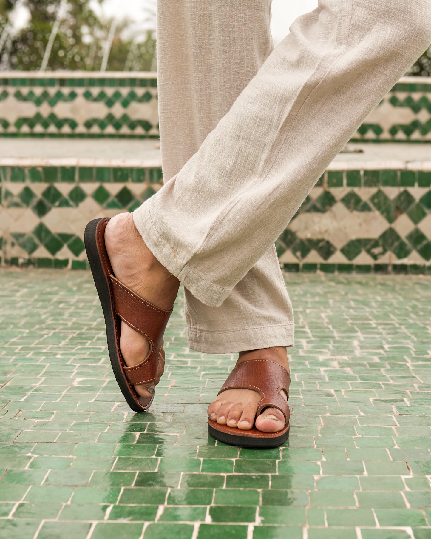 Brown Leather Slide Sandals for Men – Handmade Moroccan Slip-Ons with Cutout Design