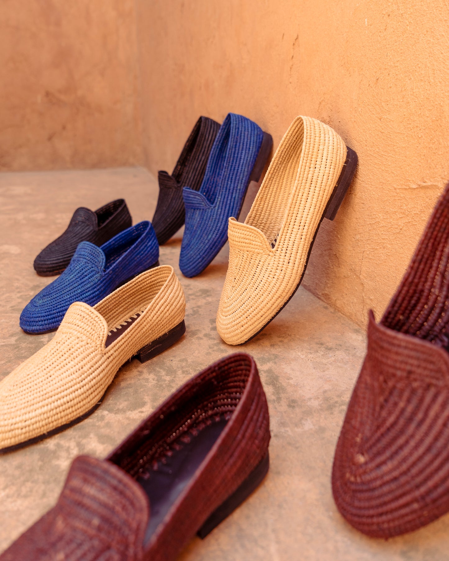 Blue Raffia Loafers for Men – Handwoven Moroccan Slip-On Dress Shoes