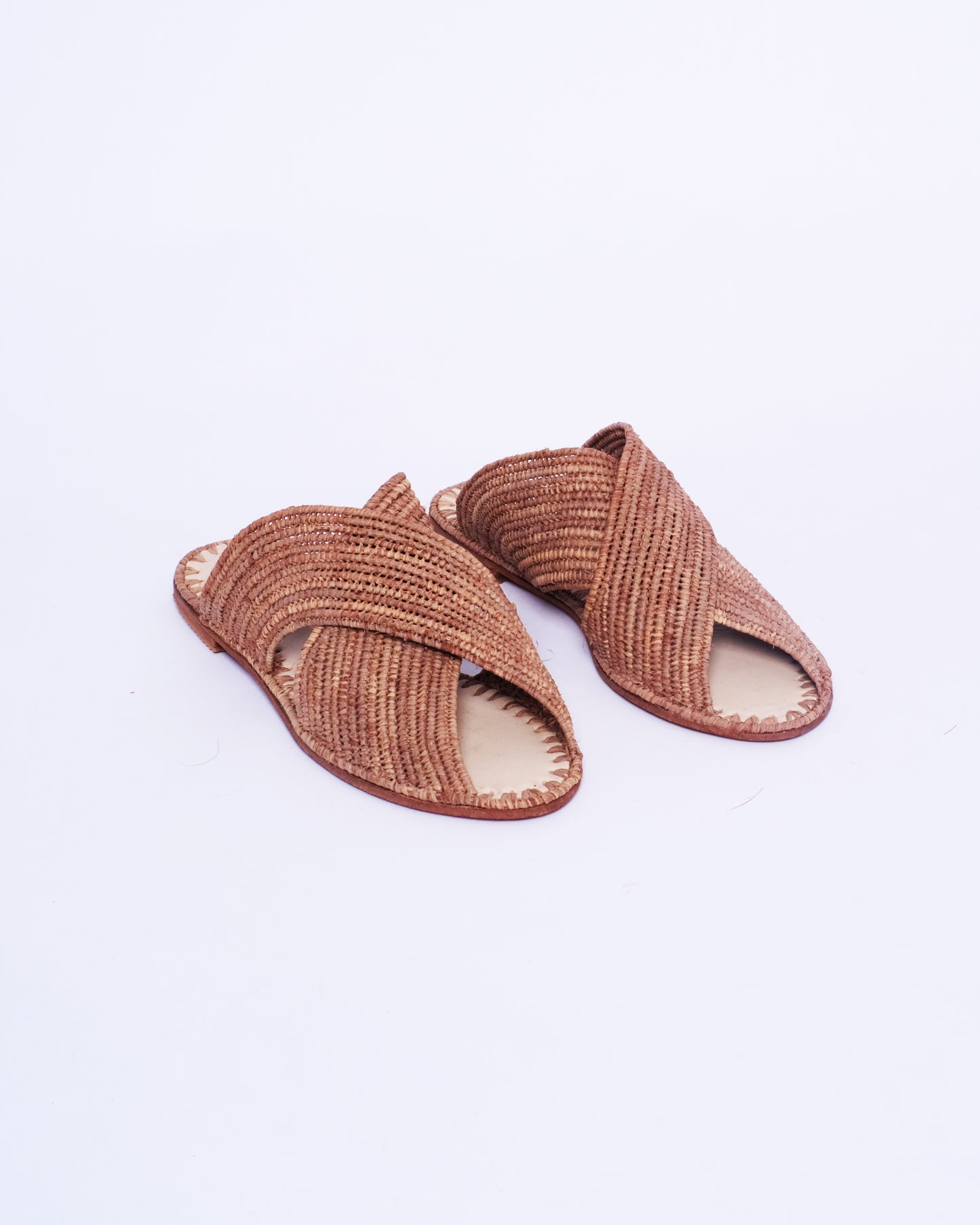 Brown Raffia Cross Slides – Handmade Moroccan Open-Toe Sandals