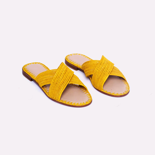 Women’s Yellow Raffia Slides – Handmade Criss-Cross Sandals