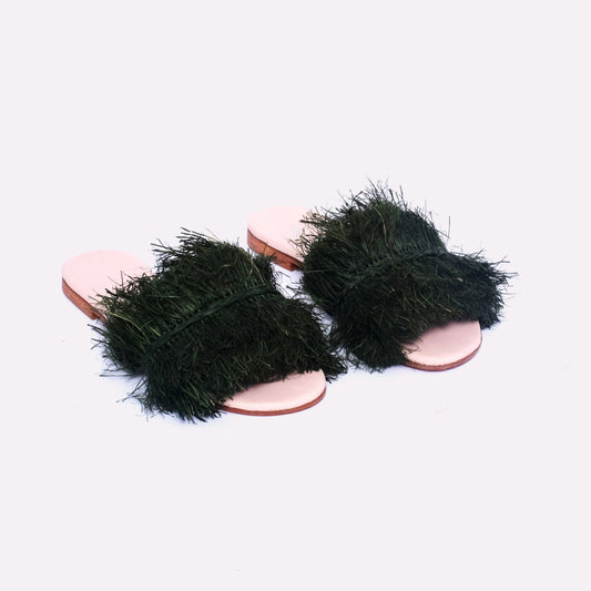 Dark green raffia fringe slide sandals with natural nude leather sole

