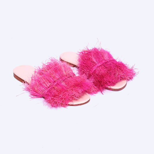 Handmade pink raffia fringe slides for women with leather insole, artisan-crafted in Morocco