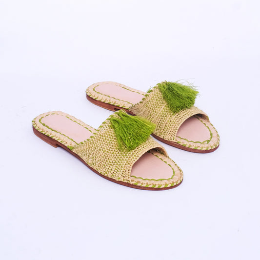 Natural raffia slide sandals with green tassels and pink insole, handmade in Morocco