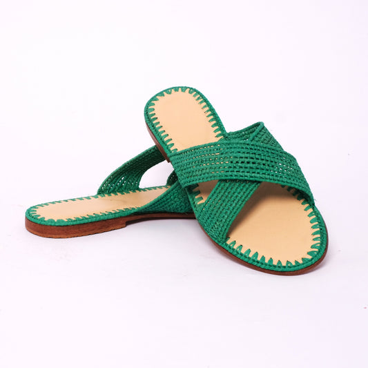 Green raffia criss-cross slides with leather insole, handmade in Morocco