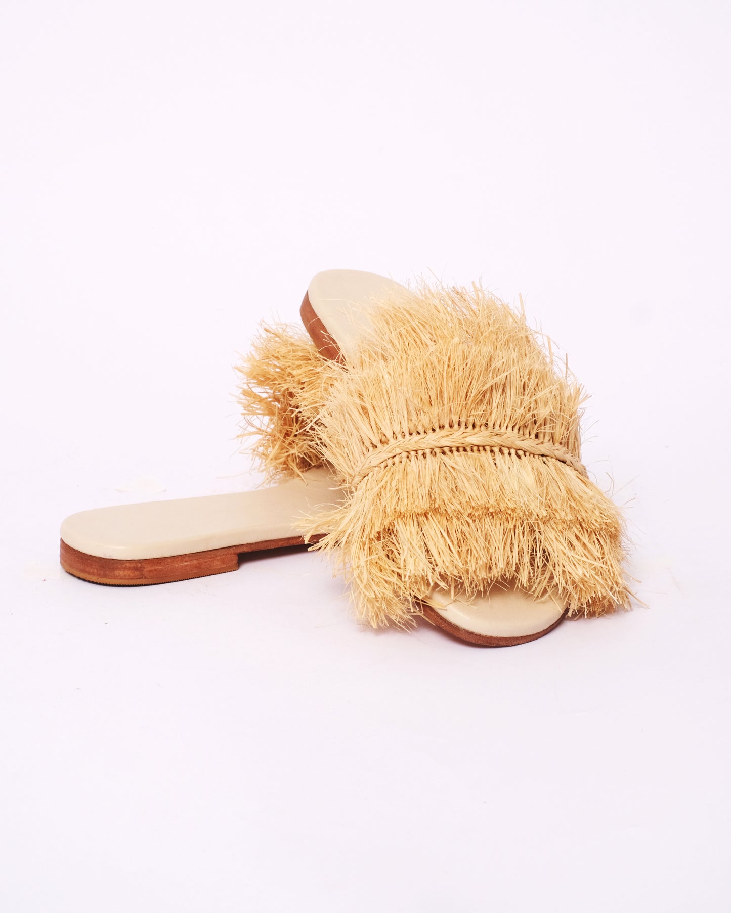 Natural Raffia Fringe Slides – Handmade Moroccan Statement Sandals