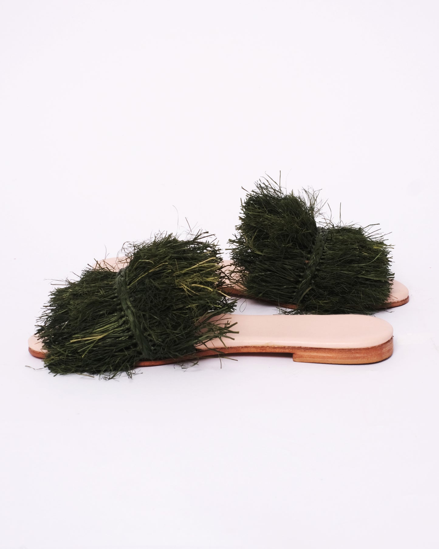 Dark Green Raffia Slide Sandals – Handmade Moroccan Women’s Flats