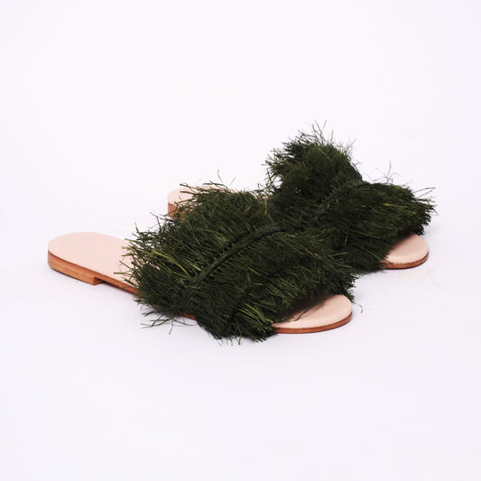 Black raffia fringe slides for women with leather insole, handmade in Morocco

