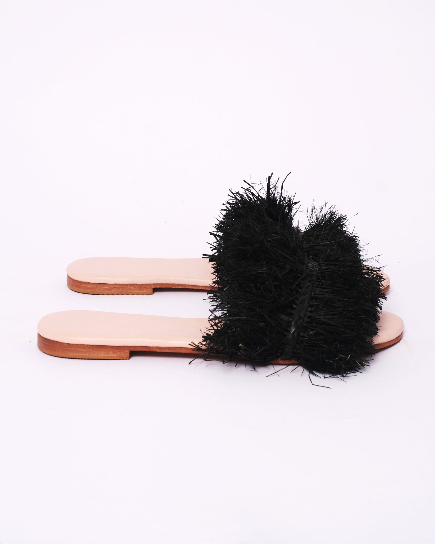 Black Raffia Fringe Slides – Handmade Moroccan Flat Sandals
