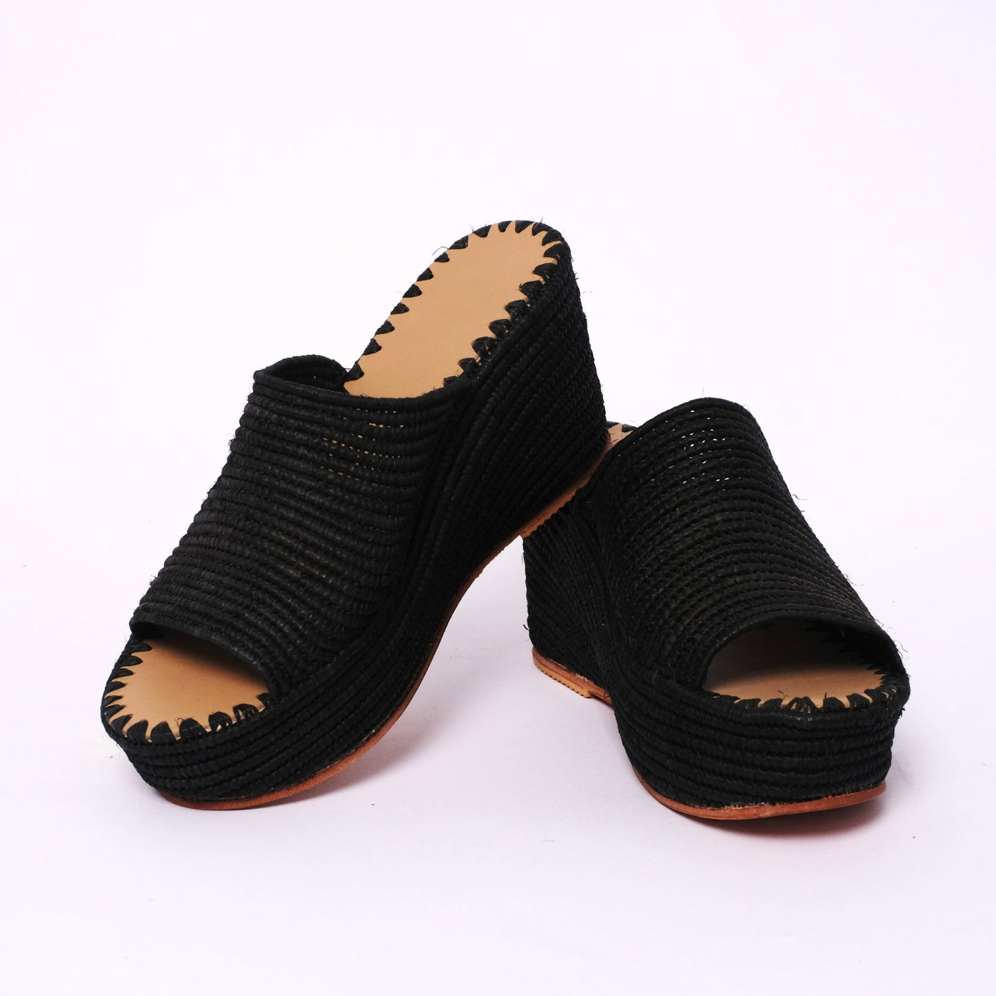 Women’s Black Raffia Platform Wedges – Handmade in Morocco