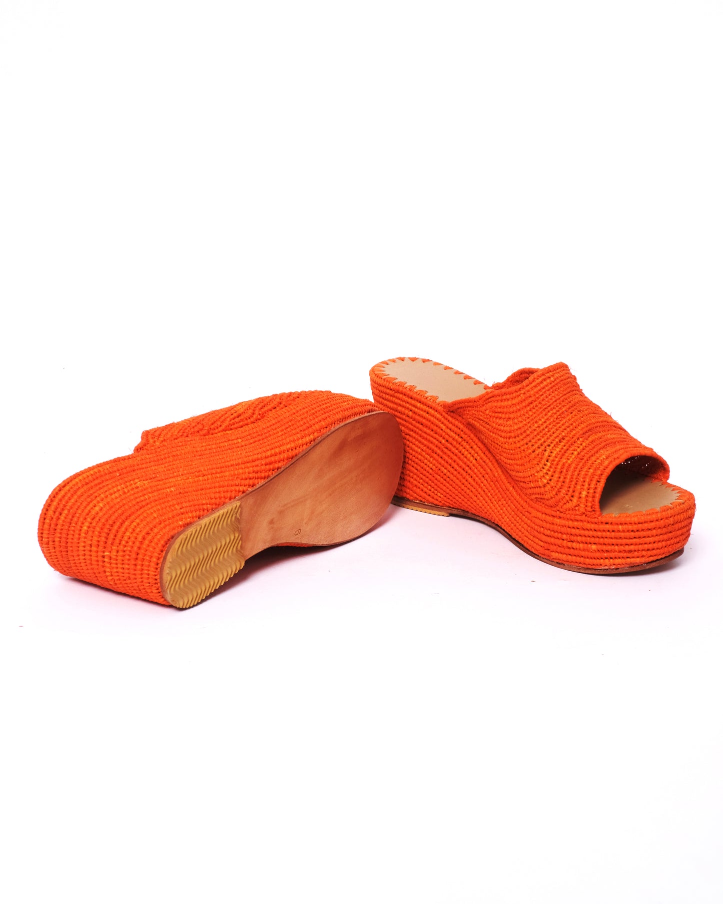 Orange Raffia Wedge Mules – Handmade Moroccan Platform Sandals