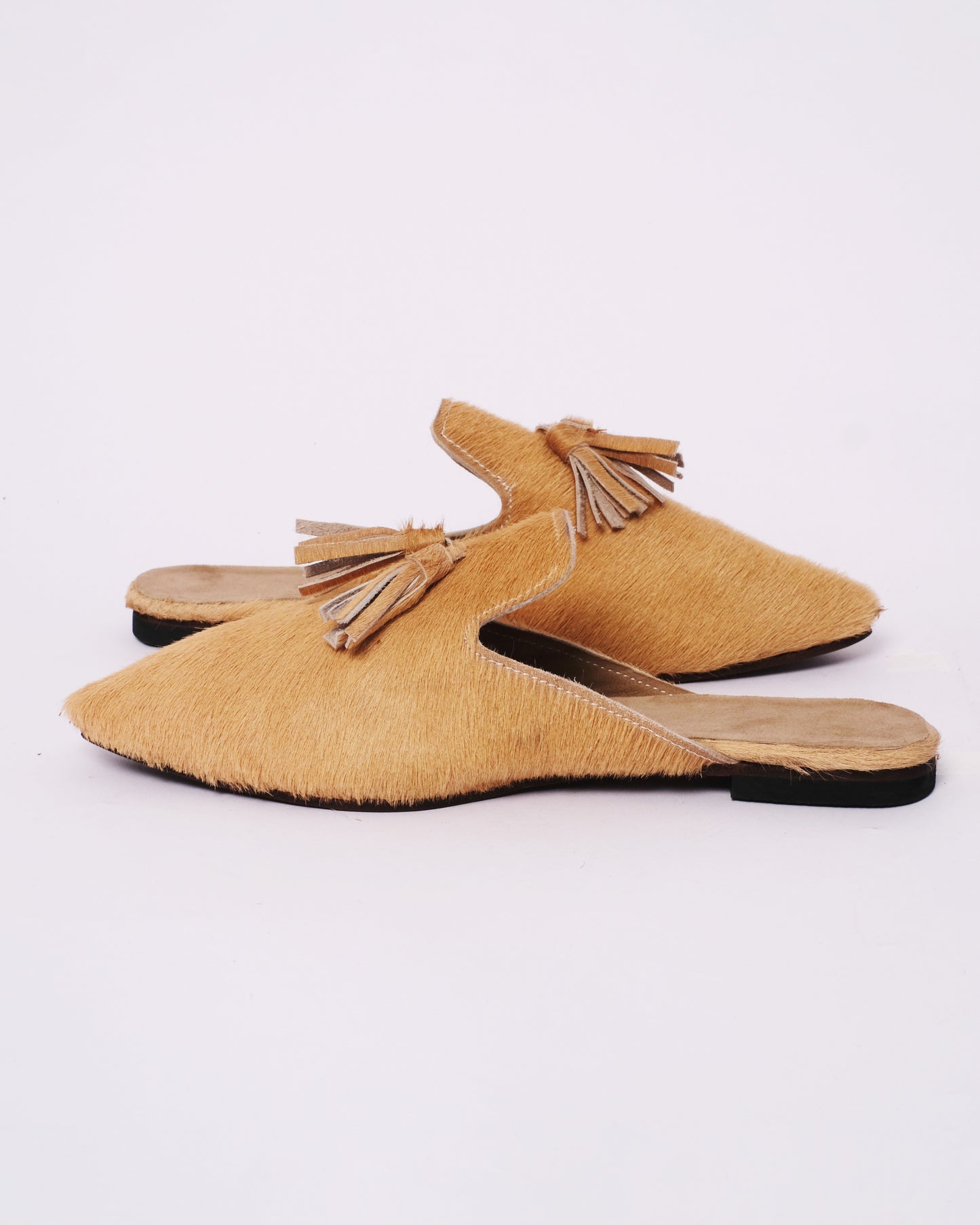 Hair-On Leather Tassel Mules – Handmade Moroccan Pointed Flats