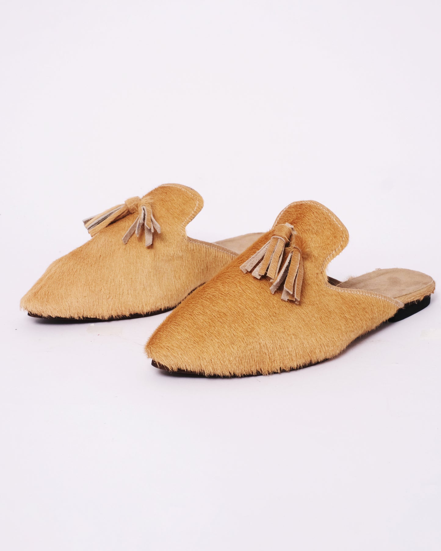 Hair-On Leather Tassel Mules – Handmade Moroccan Pointed Flats