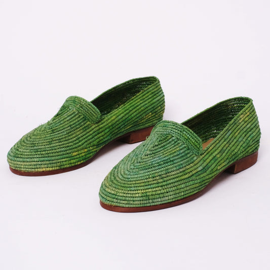 Green Raffia Loafers – Handmade Moroccan Flats for Women
