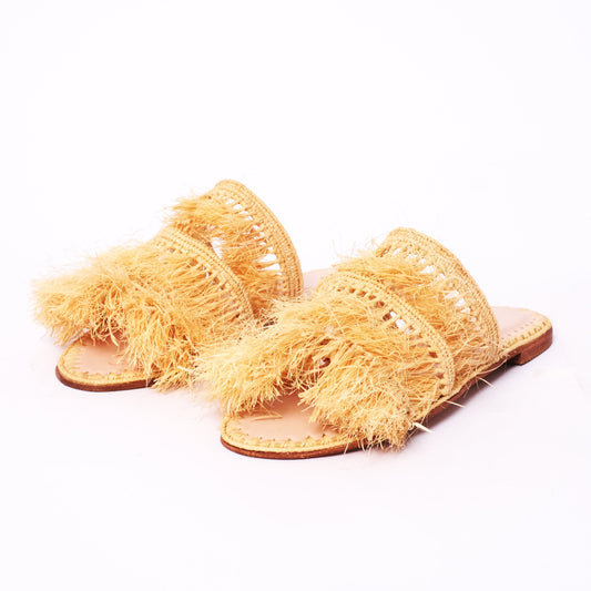 Natural raffia fringe slides with double strap design handmade by Moroccan women artisans
