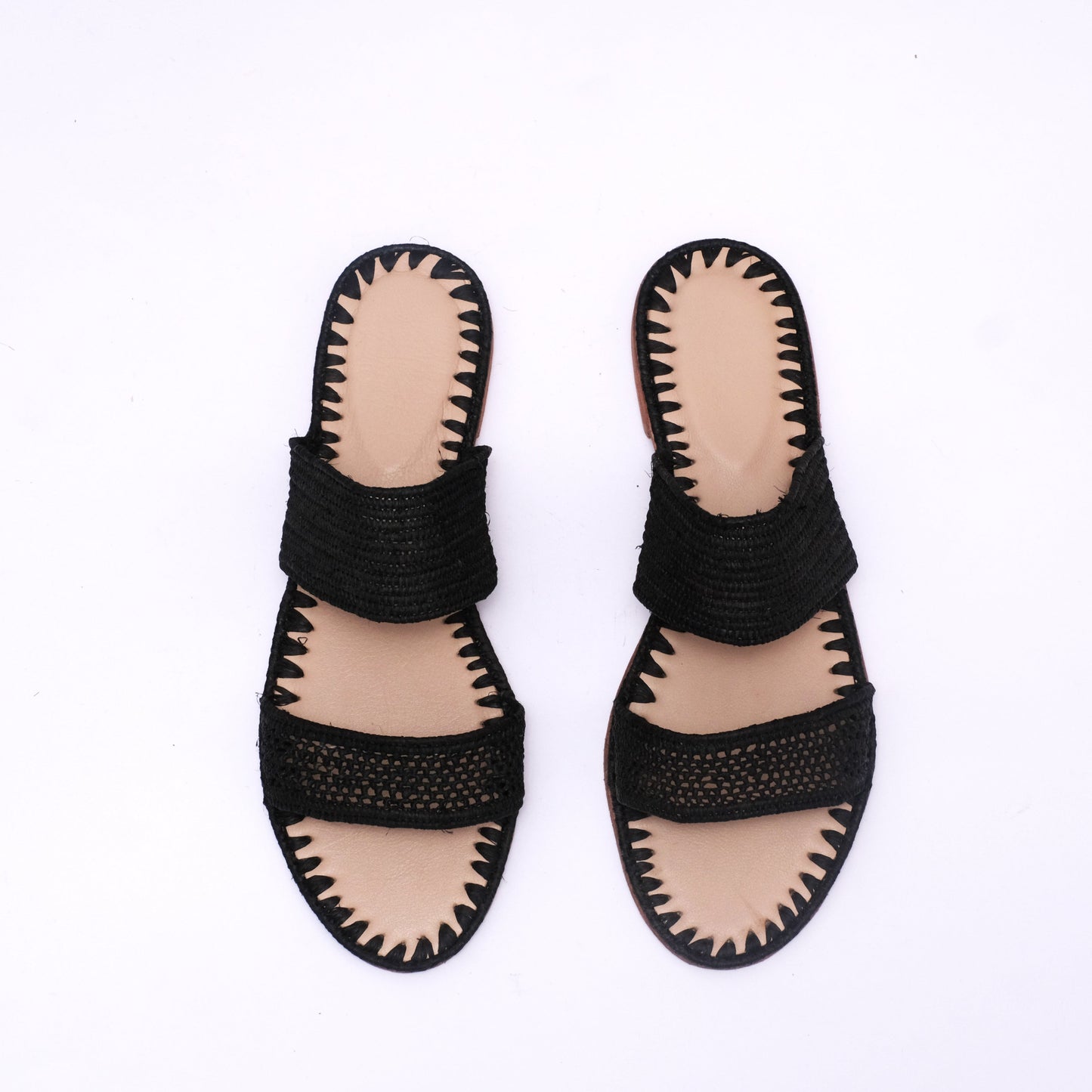 Black handmade raffia double strap sandals with open toe and leather sole