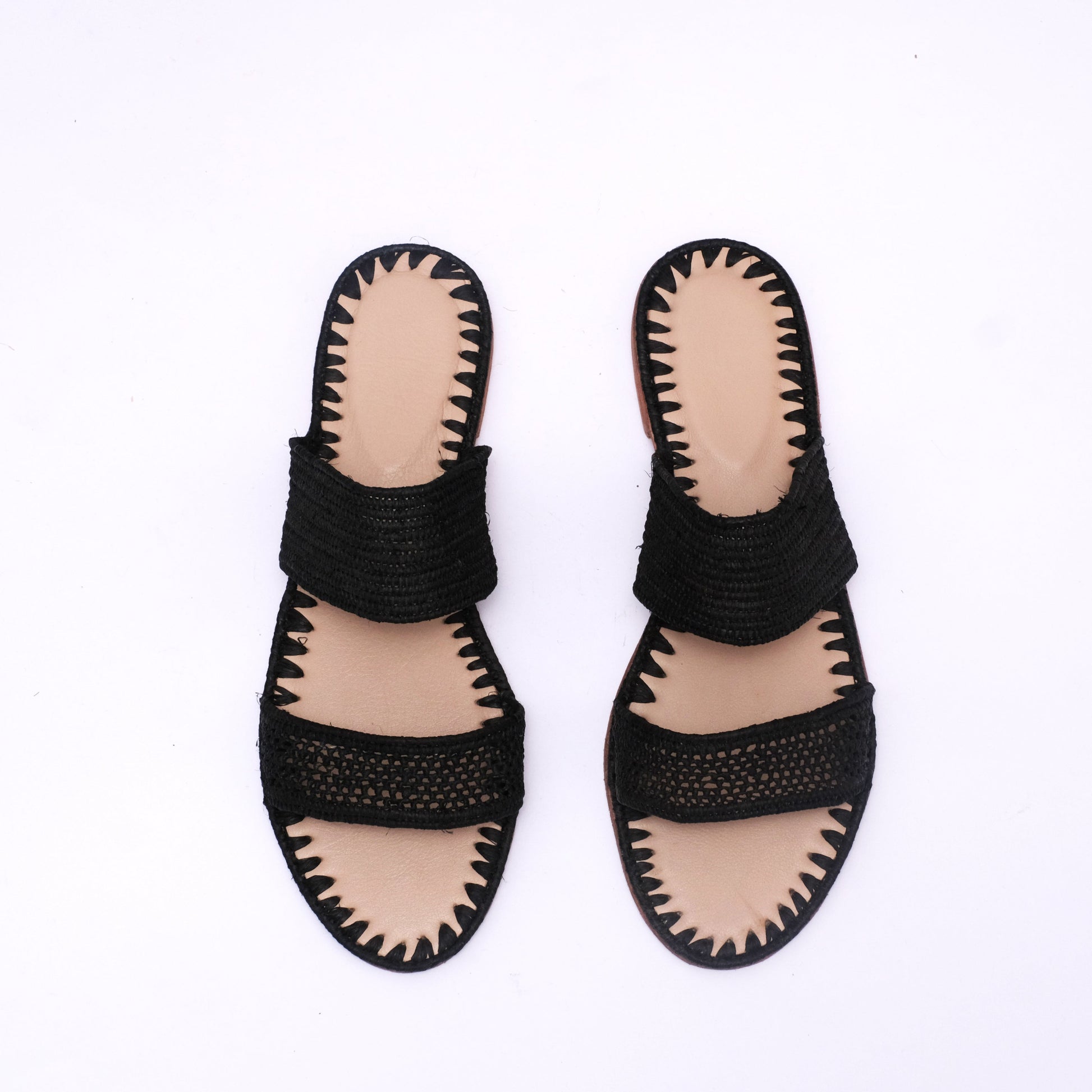 Black handmade raffia double strap sandals with open toe and leather sole