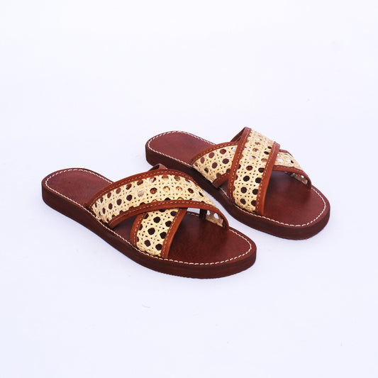 Criss-cross Moroccan sandals made from cane and brown leather, handmade for women