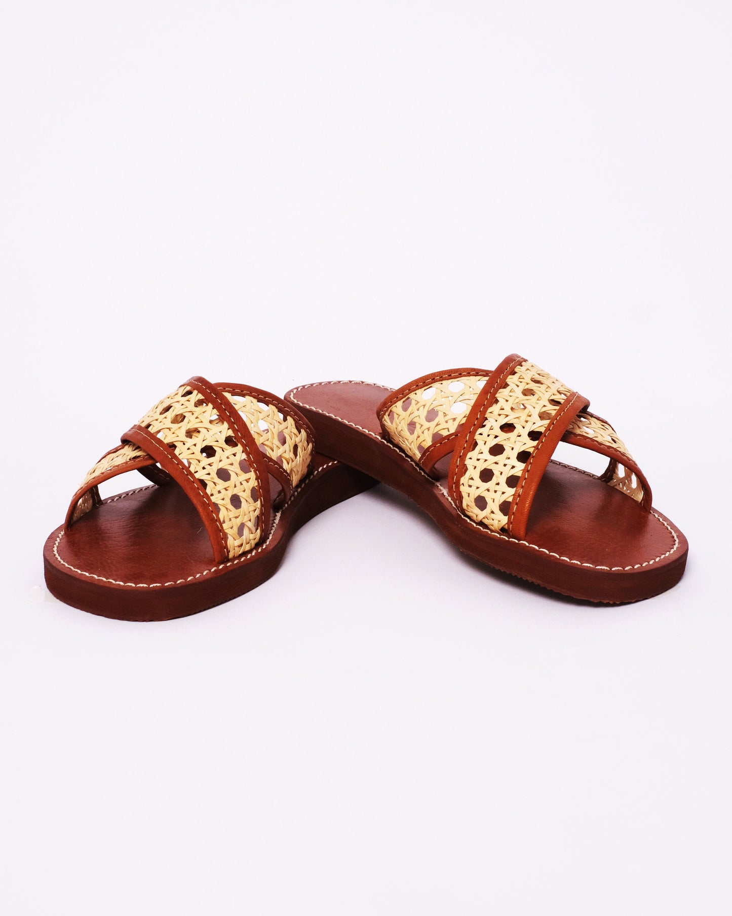 Women’s Leather & Cane Slides – Handmade Criss-Cross Sandals