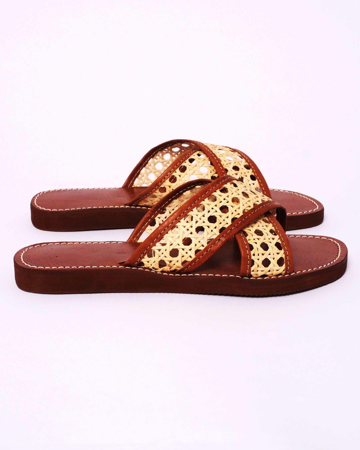 Women’s Leather & Cane Slides – Handmade Criss-Cross Sandals