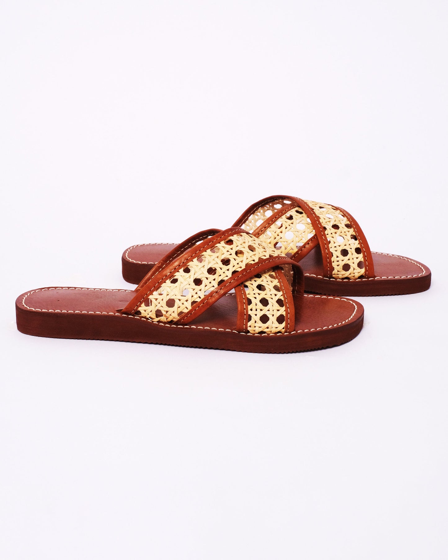 Women’s Leather & Cane Slides – Handmade Criss-Cross Sandals